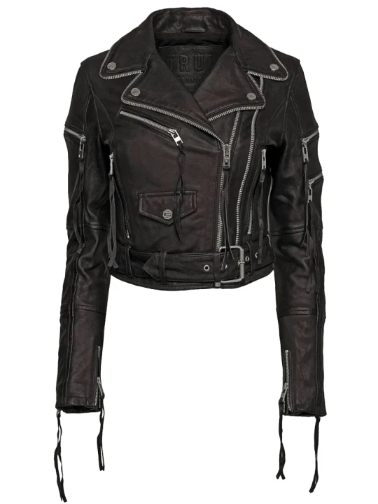 Multi Zip Leather Biker Jacket Black