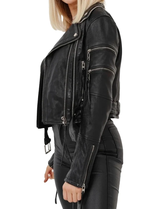 Multi Zip Leather Biker Jacket Black
