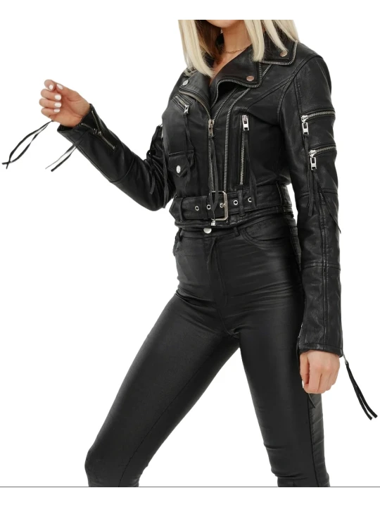 Multi Zip Leather Biker Jacket Black