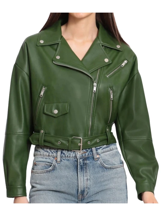 Oversized Cropped Leather Jacket Green
