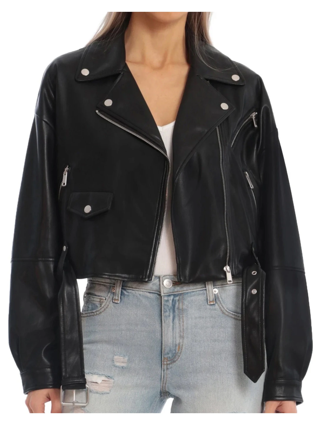Oversized Cropped Leather Moto Jacket Black