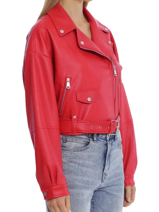 Oversized Cropped Leather Moto Jacket Red