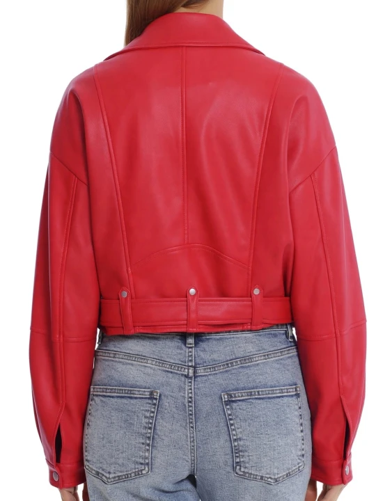 Oversized Cropped Leather Moto Jacket Red