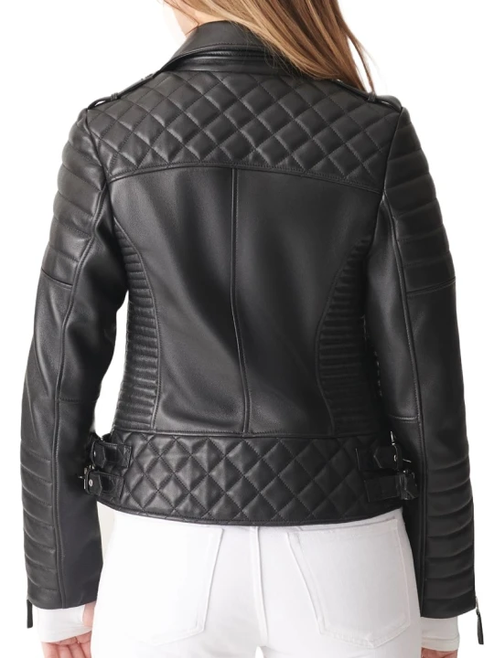 Quilted Sleeve Black Leather Motorcycle Jacket