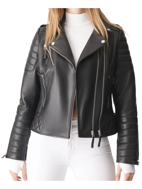 Quilted Sleeve Black Leather Motorcycle Jacket