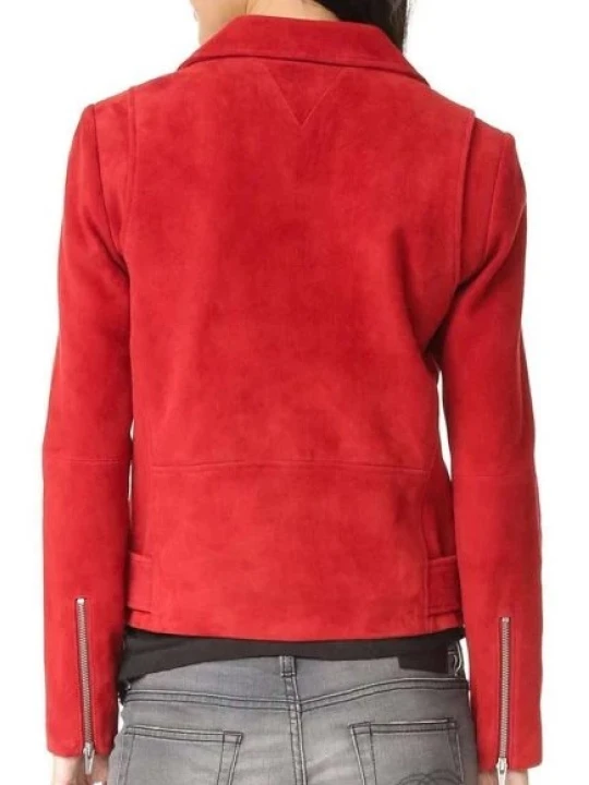 Red Suede Leather Biker Style Jacket