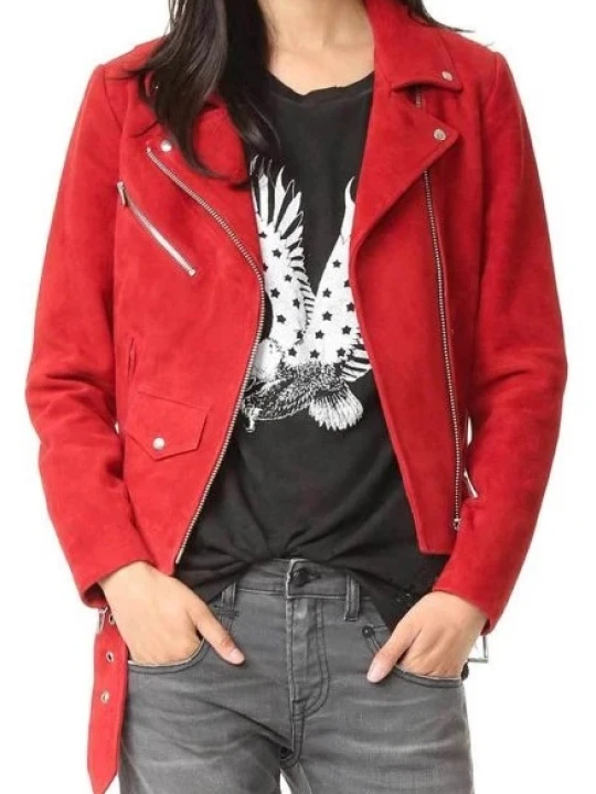 Red Suede Leather Biker Style Jacket