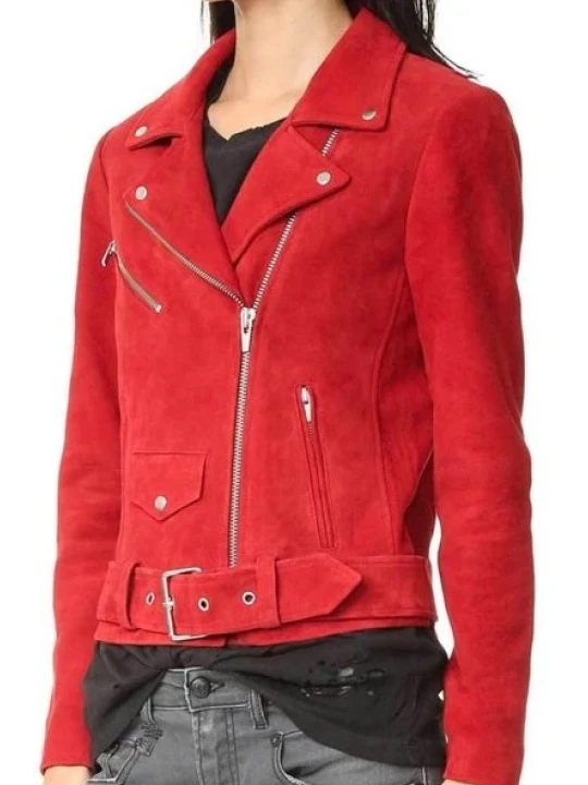 Red Suede Leather Biker Style Jacket