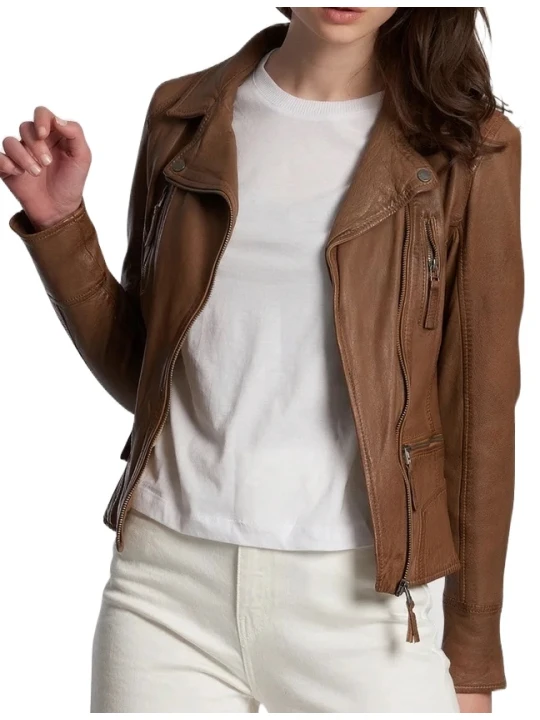 Short Brown Leather Biker Jacket