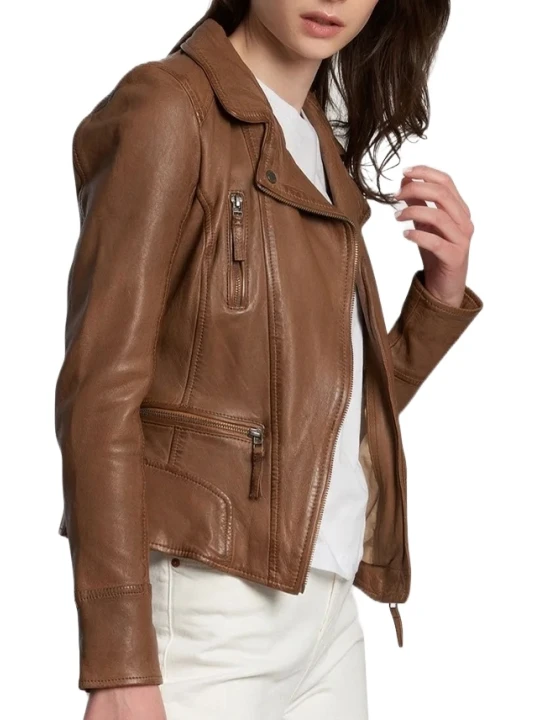 Short Brown Leather Biker Jacket