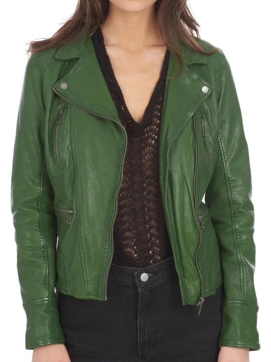Short Green Leather Biker Jacket