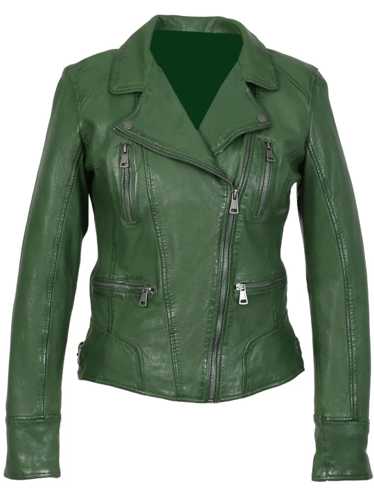 Short Green Leather Biker Jacket