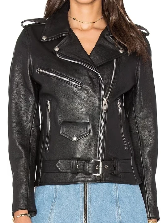 Single Front Pocket Black Moto Leather Jacket