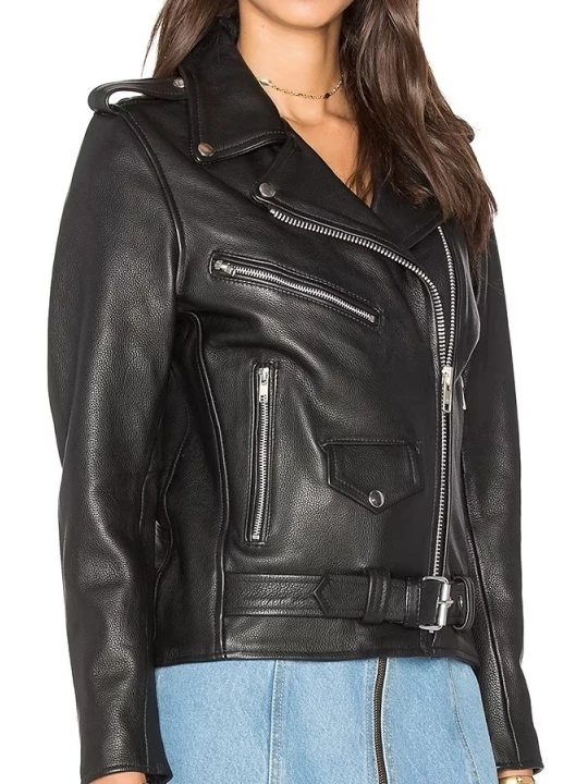 Single Front Pocket Black Moto Leather Jacket