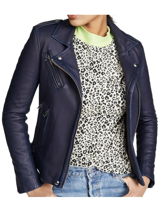 Soft Navy Blue Leather Moto Jacket