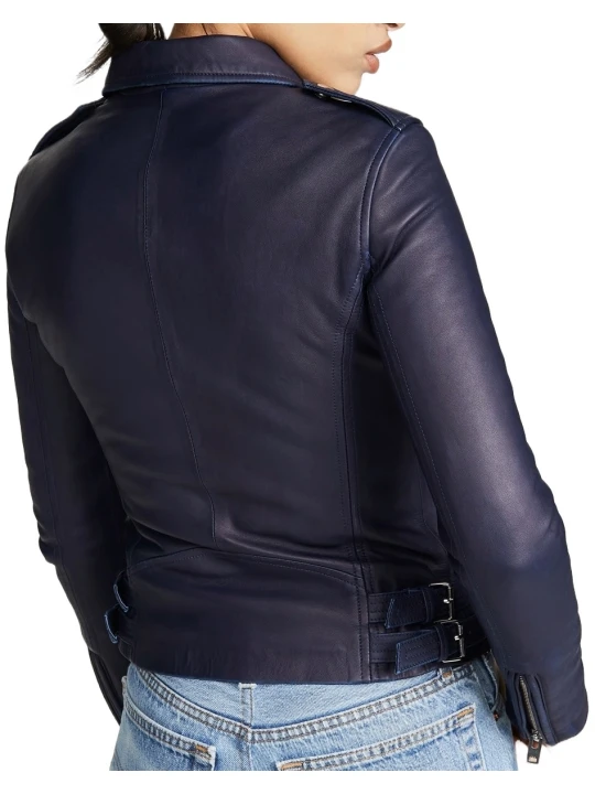 Soft Navy Blue Leather Moto Jacket