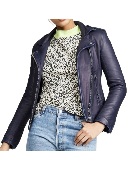 Soft Navy Blue Leather Moto Jacket