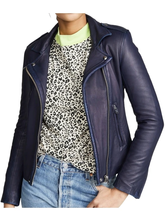 Soft Navy Blue Leather Moto Jacket