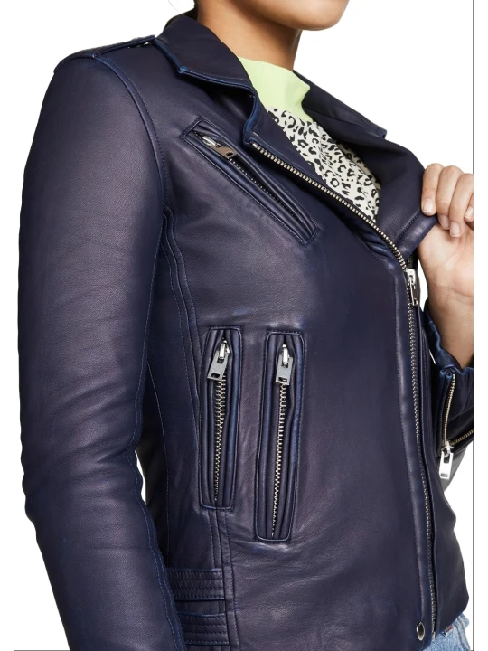 Soft Navy Blue Leather Moto Jacket