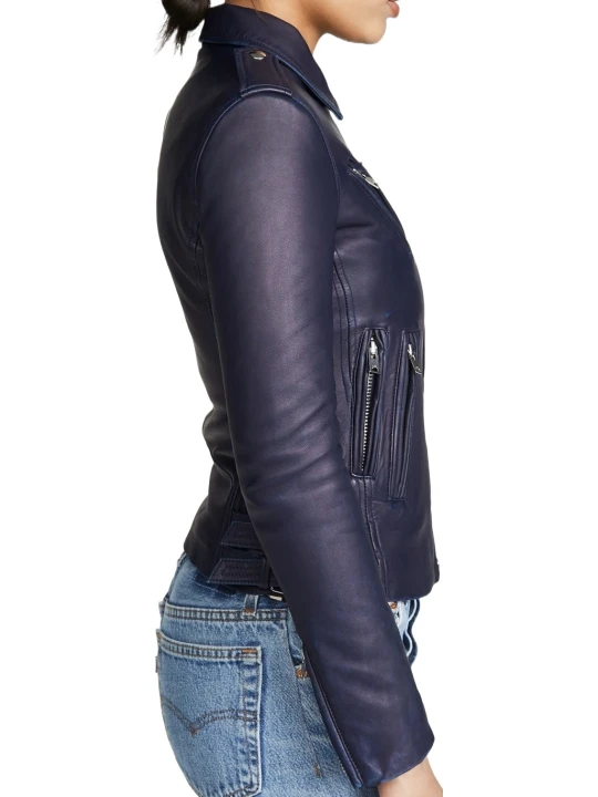 Soft Navy Blue Leather Moto Jacket