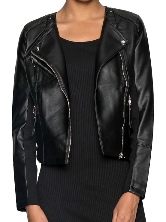 V Neck Black Leather Moto Jacket V Neck Black Leather Moto Jacket