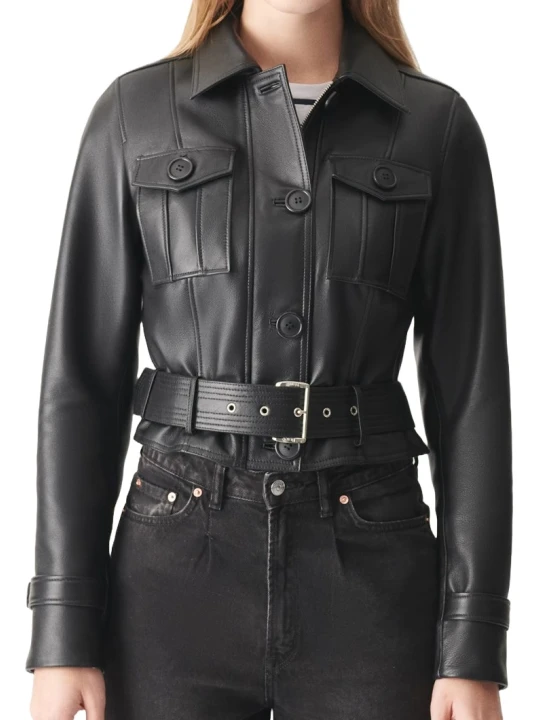 Waist Belt Leather Motorcycle Jacket