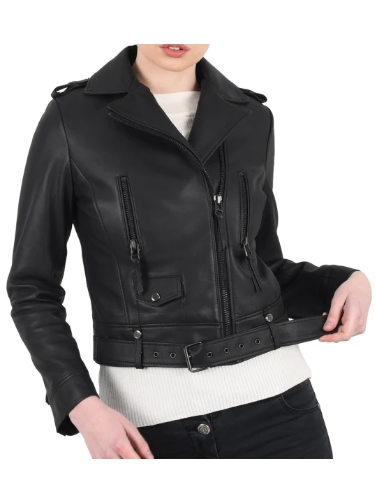 Women Biker Elegant Style Real Lambskin Black Leather Motorcycle Jacket