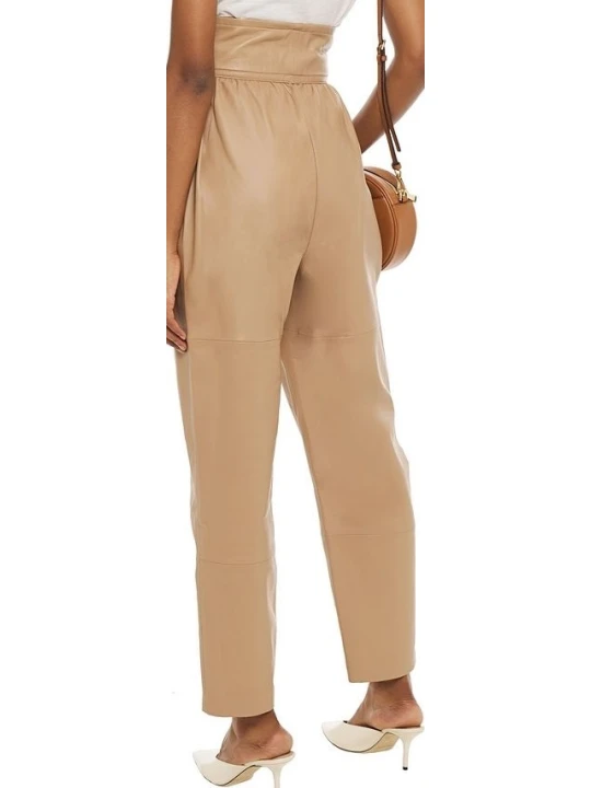 Beige Tie Waist Leather Pants