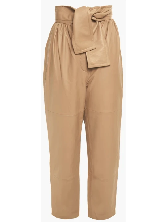 Beige Tie Waist Leather Pants