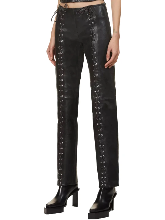 Black Lace Up Leather Pants