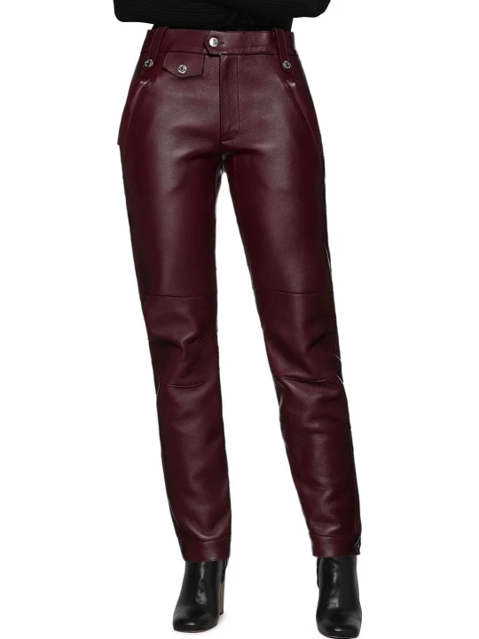 Burgundy Multipockets Leather Pants