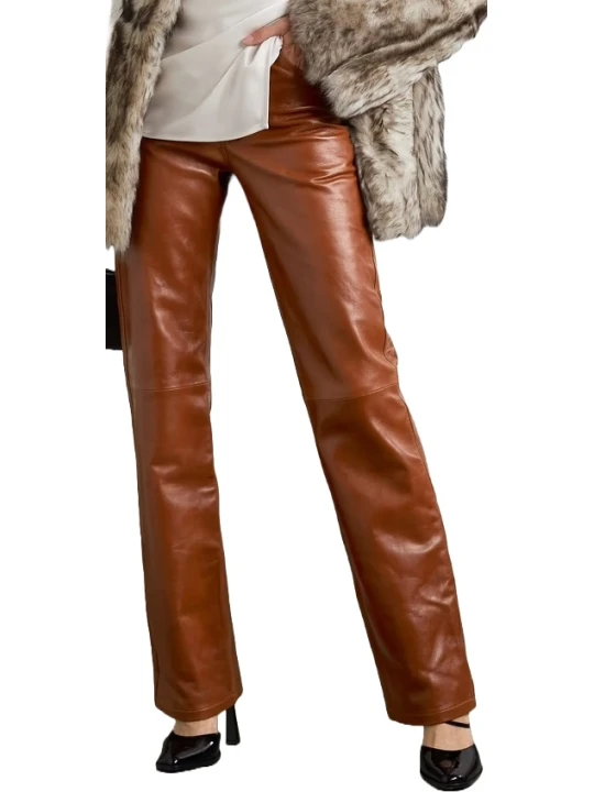 Camel Leather Straight Leg Pants