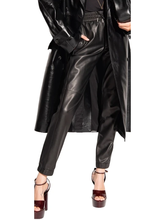 Front And Back Pockets Black Leather Pants