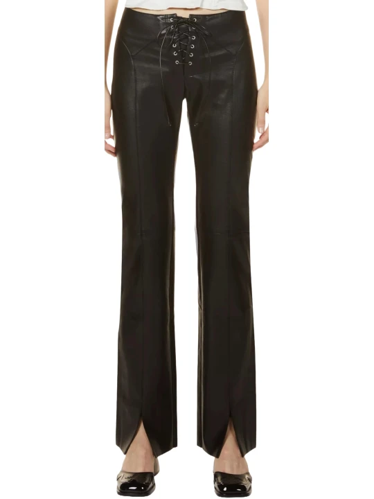 Front Lace Up Black Leather Pants