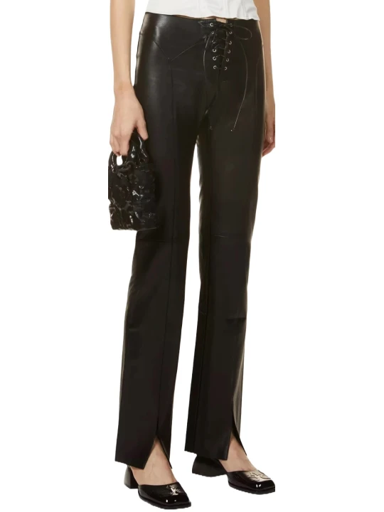 Front Lace Up Black Leather Pants