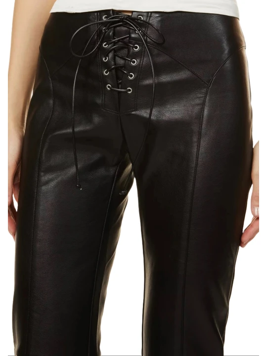 Front Lace Up Black Leather Pants
