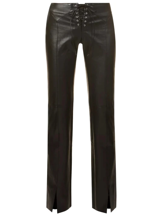 Front Lace Up Black Leather Pants