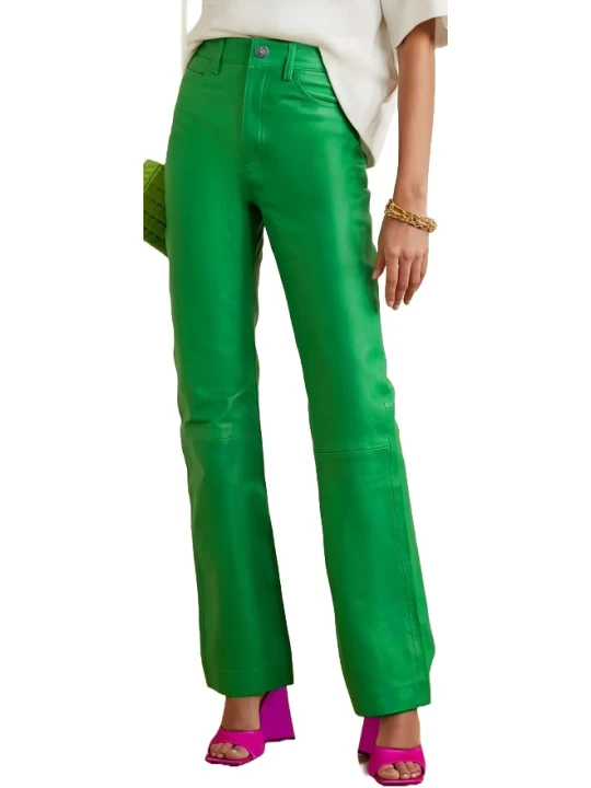 Green Leather Straight Leg Pants
