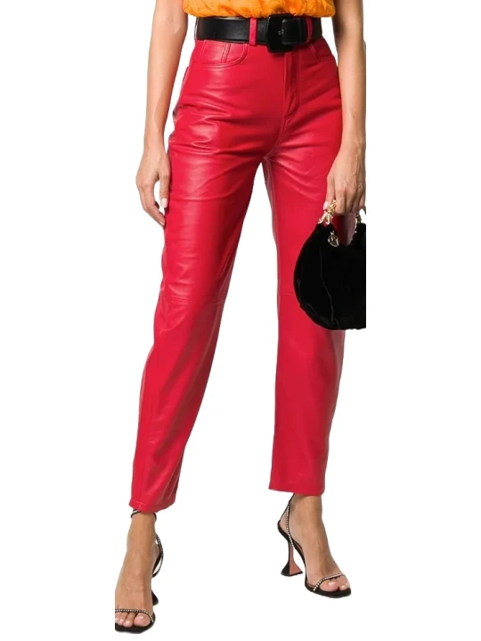 High Rise Red Leather Pants