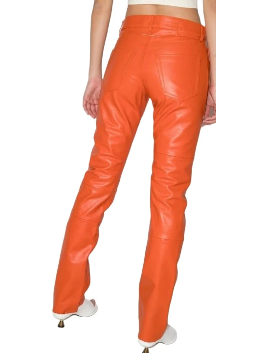 Orange Regular Fit Leather Pants