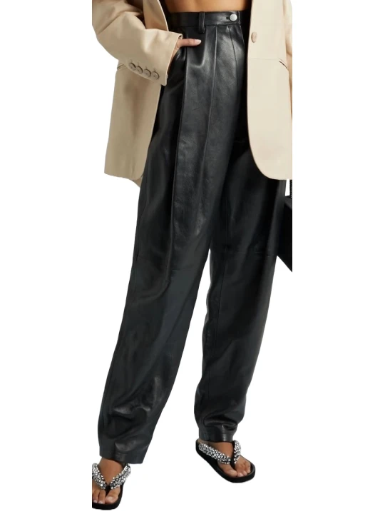 Pleated Black Leather Pants