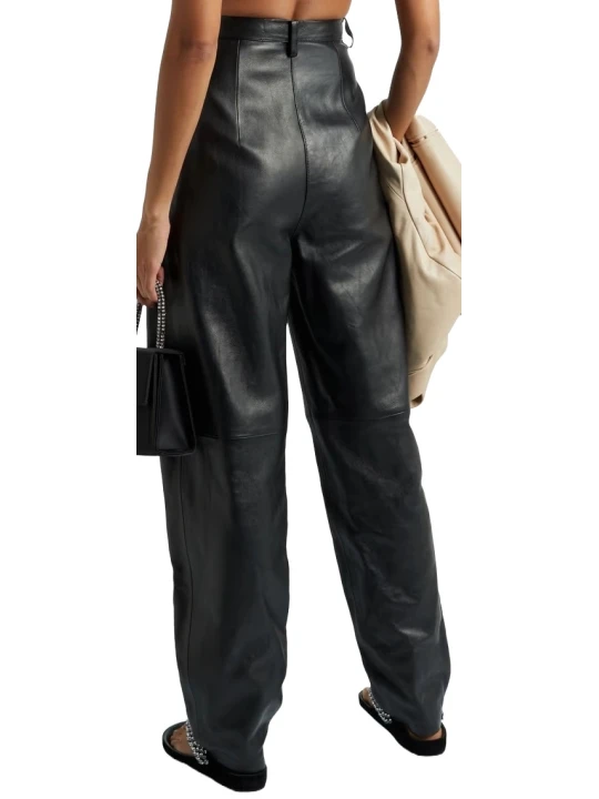 Pleated Black Leather Pants