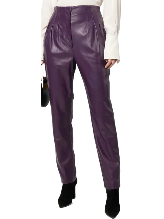 Side Pleat Purple Leather Pants