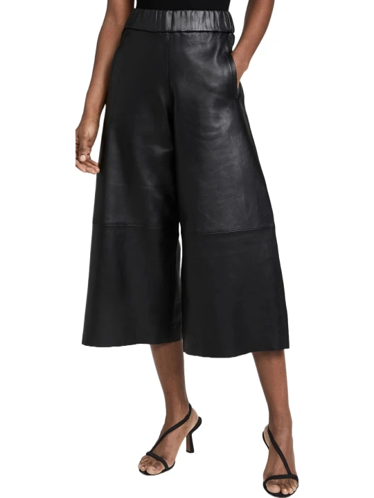 Wide Leg Black Cut Leather Pants