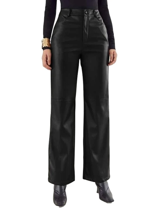 Women Palazzo Style Real Lambskin Black Leather Trousers Pants