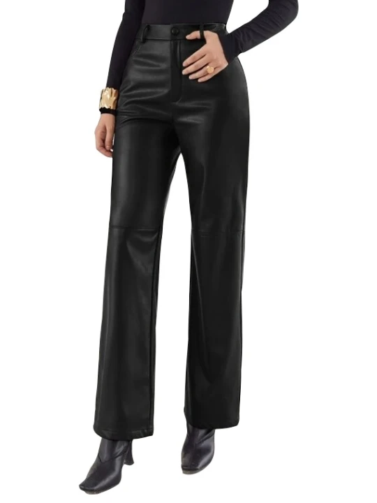 Women Palazzo Style Real Lambskin Black Leather Trousers Pants