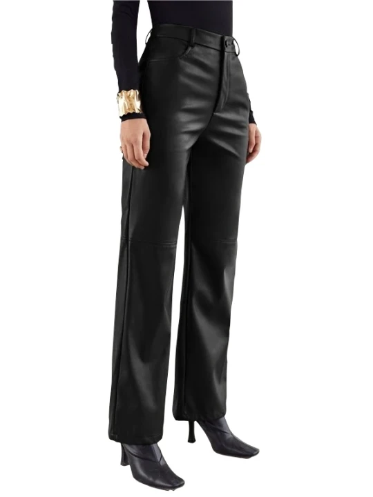 Women Palazzo Style Real Lambskin Black Leather Trousers Pants