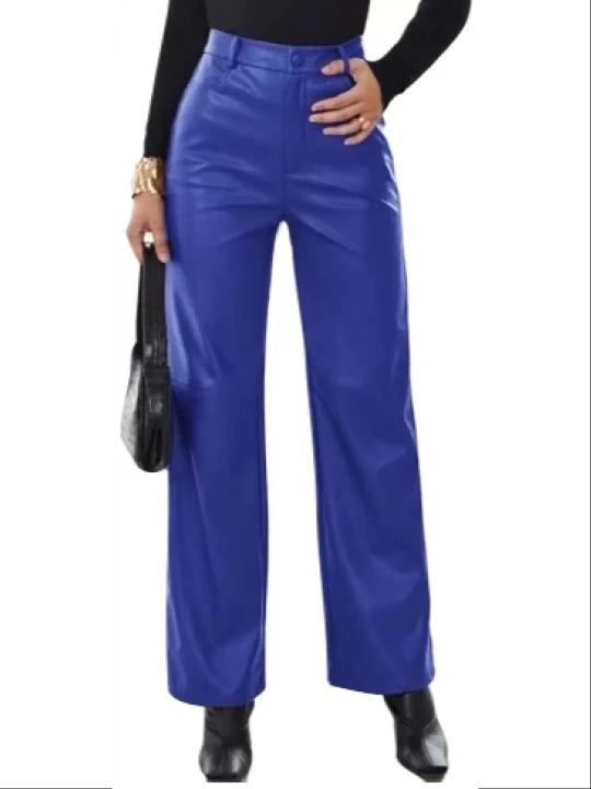 Women Palazzo Style Real Lambskin Blue Leather Trousers Pants