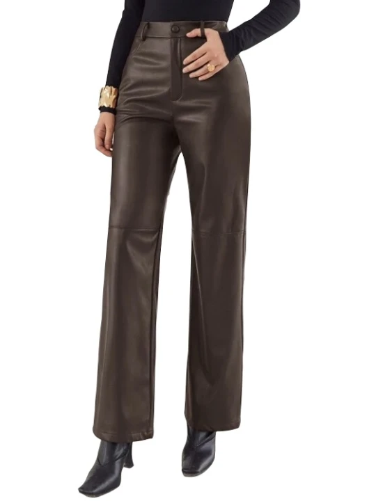 Women Palazzo Style Real Lambskin Dark Brown Leather Trousers Pants