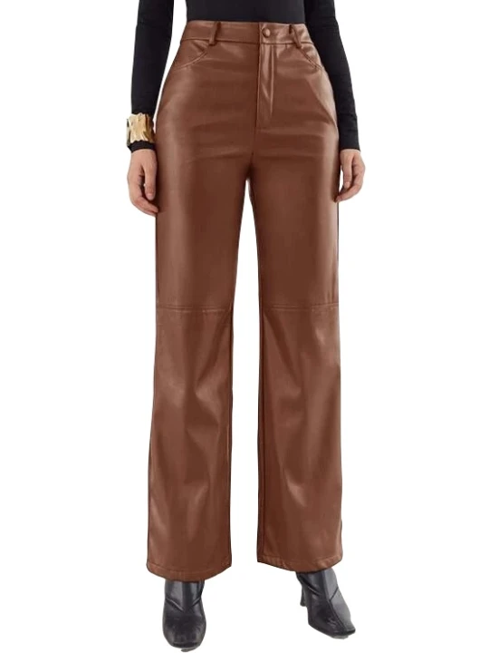 Women Palazzo Style Real Lambskin Tan Leather Trousers Pants
